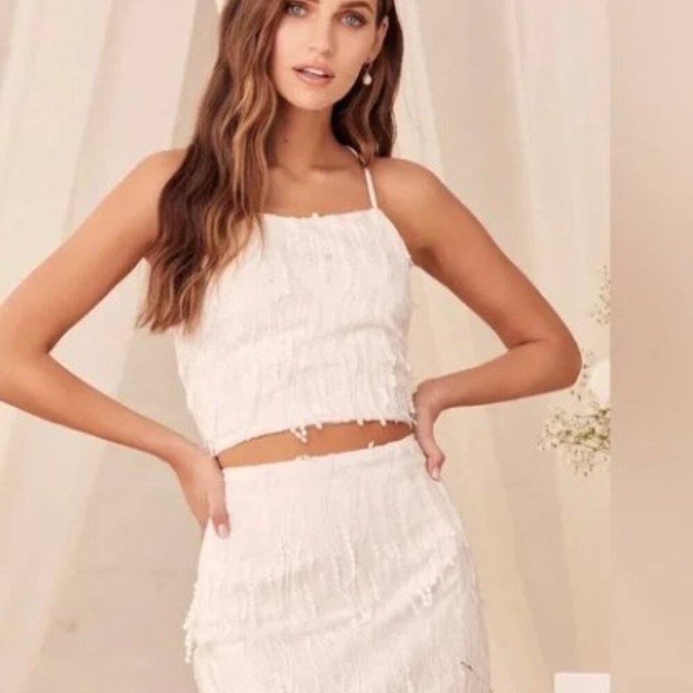 White fringe lace up two piece mini set - M